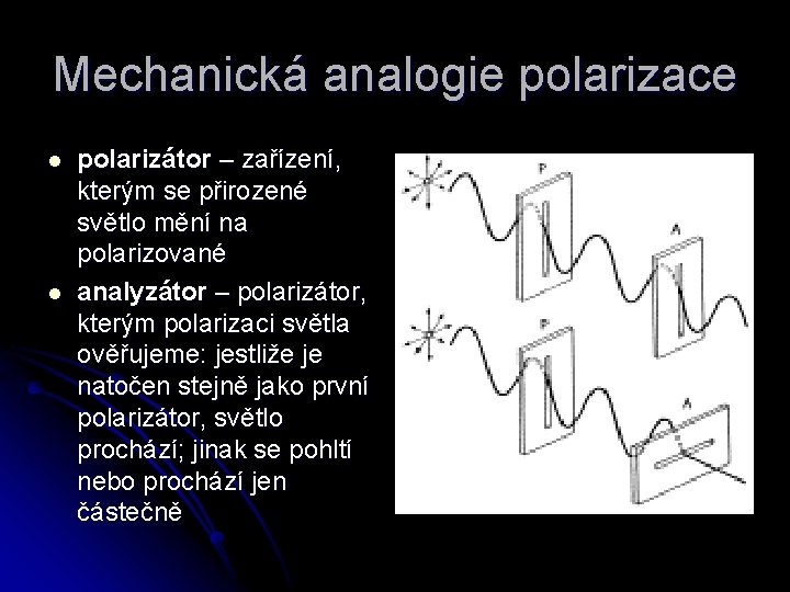 Mechanická analogie polarizace l l polarizátor – zařízení, kterým se přirozené světlo mění na