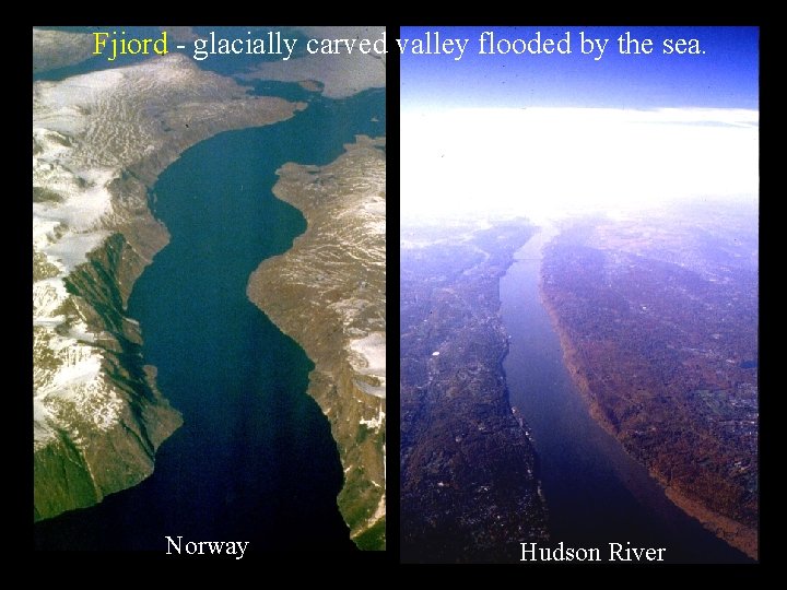 Fjiord - glacially carved valley flooded by the sea. Norway Hudson River 
