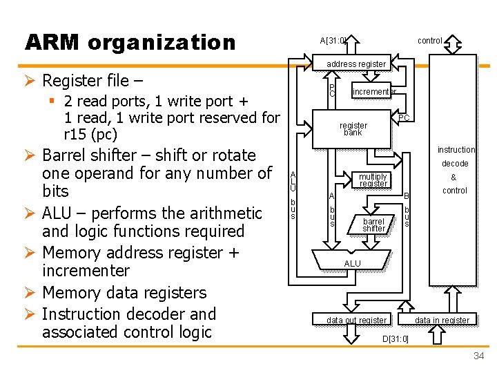 ARM organization A[31: 0] control address register Ø Register file – P C §