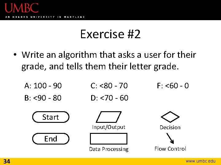 Exercise #2 • Write an algorithm that asks a user for their grade, and