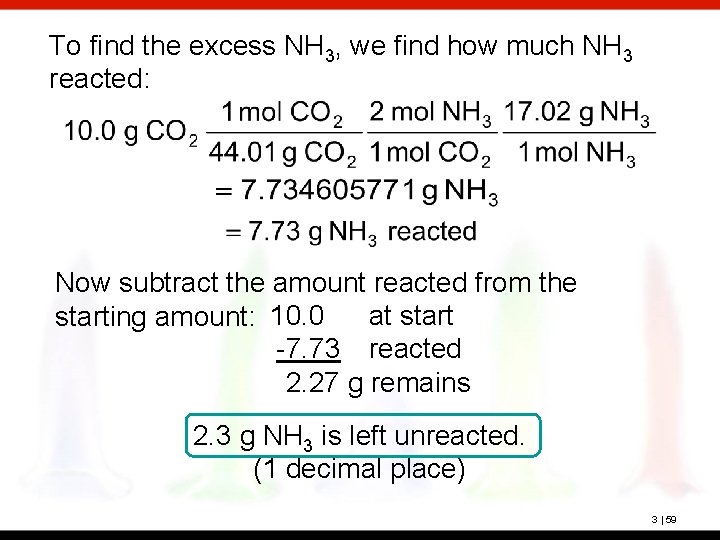 To find the excess NH 3, we find how much NH 3 reacted: Now