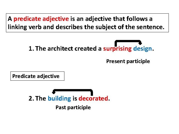 A predicate adjective is an adjective that follows a linking verb and describes the A predicate adjective is an adjective that follows a linking verb and describes the