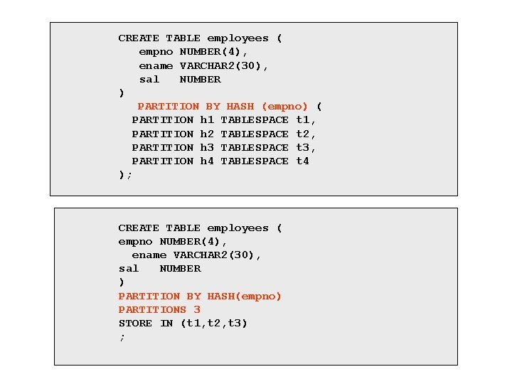 CREATE TABLE employees ( empno NUMBER(4), ename VARCHAR 2(30), sal NUMBER ) PARTITION BY CREATE TABLE employees ( empno NUMBER(4), ename VARCHAR 2(30), sal NUMBER ) PARTITION BY