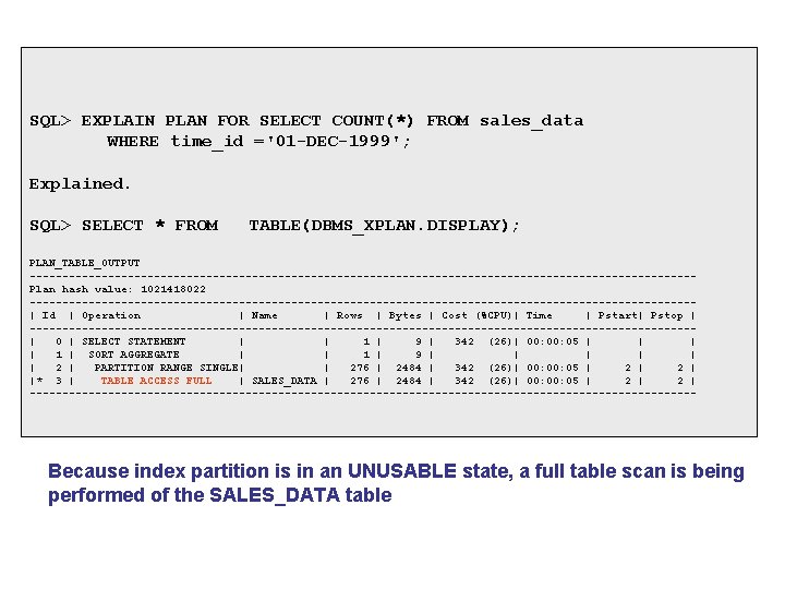 SQL> EXPLAIN PLAN FOR SELECT COUNT(*) FROM sales_data WHERE time_id ='01 -DEC-1999'; Explained. SQL> SQL> EXPLAIN PLAN FOR SELECT COUNT(*) FROM sales_data WHERE time_id ='01 -DEC-1999'; Explained. SQL>