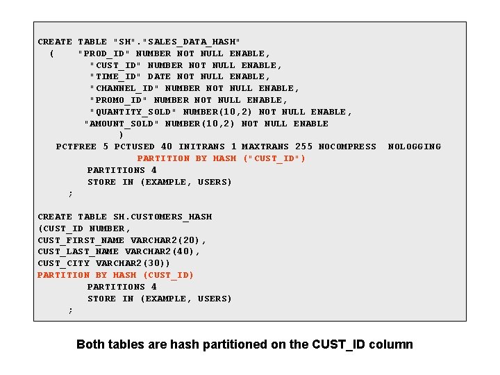 CREATE TABLE "SH". "SALES_DATA_HASH" ( "PROD_ID" NUMBER NOT NULL ENABLE, "CUST_ID" NUMBER NOT NULL CREATE TABLE "SH". "SALES_DATA_HASH" ( "PROD_ID" NUMBER NOT NULL ENABLE, "CUST_ID" NUMBER NOT NULL