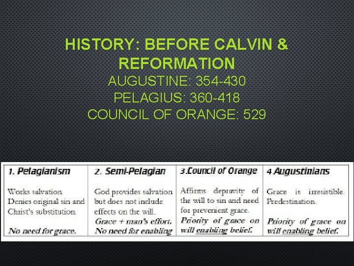 HISTORY: BEFORE CALVIN & REFORMATION AUGUSTINE: 354 -430 PELAGIUS: 360 -418 COUNCIL OF ORANGE: