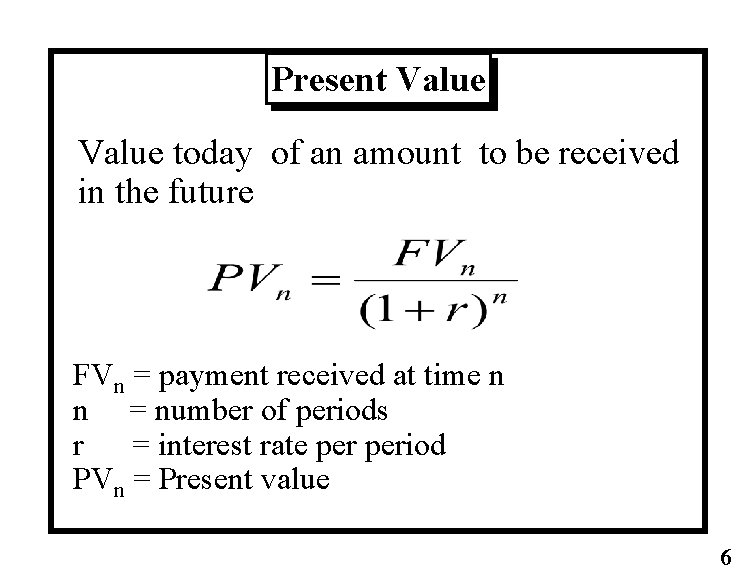 Present Value today of an amount to be received in the future FVn =