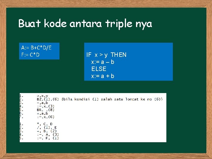 Buat kode antara triple nya A: = B+C*D/E F: = C*D IF x >