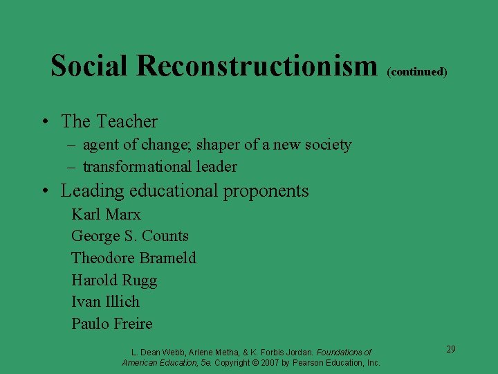 Social Reconstructionism (continued) • The Teacher – agent of change; shaper of a new Social Reconstructionism (continued) • The Teacher – agent of change; shaper of a new