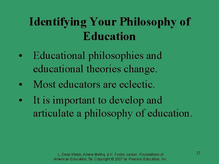 Identifying Your Philosophy of Education • Educational philosophies and educational theories change. • Most Identifying Your Philosophy of Education • Educational philosophies and educational theories change. • Most