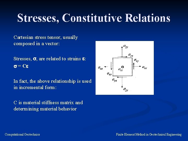 Stresses, Constitutive Relations Cartesian stress tensor, usually composed in a vector: Stresses, s, are