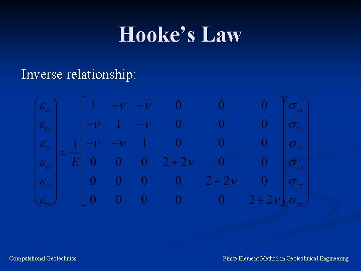 Hooke’s Law Inverse relationship: Computational Geotechnics Finite Element Method in Geotechnical Engineering 