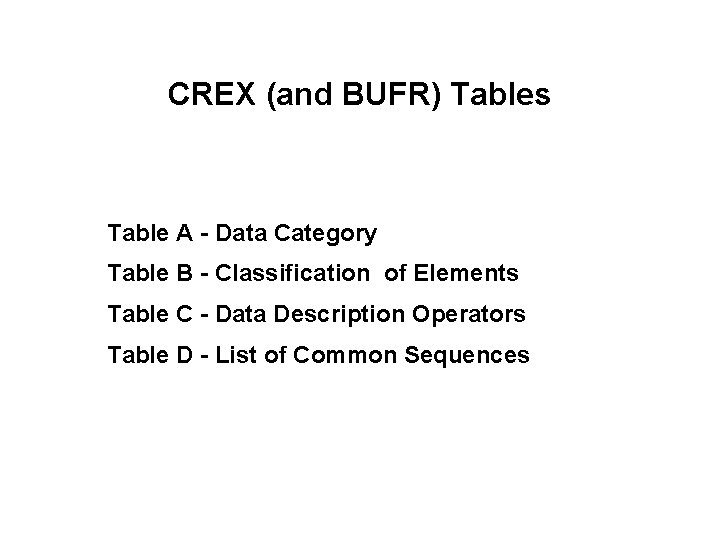 CREX (and BUFR) Tables Table A - Data Category Table B - Classification of