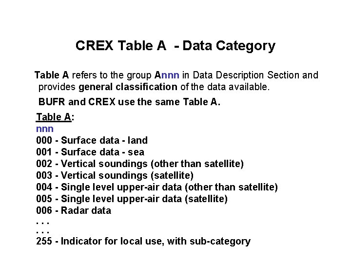 CREX Table A - Data Category Table A refers to the group Annn in