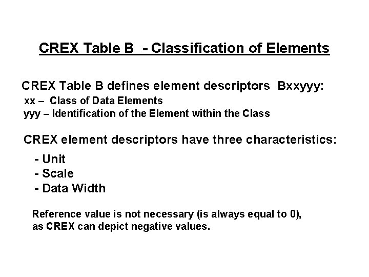CREX Table B - Classification of Elements CREX Table B defines element descriptors Bxxyyy: