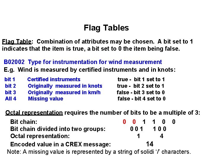 Flag Tables Flag Table: Combination of attributes may be chosen. A bit set to
