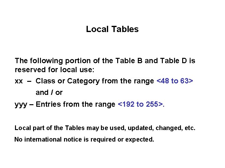 Local Tables The following portion of the Table B and Table D is reserved
