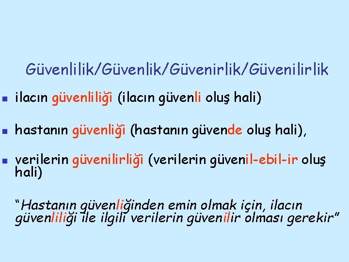 Güvenlilik/Güvenirlik/Güvenilirlik n ilacın güvenliliği (ilacın güvenli oluş hali) n hastanın güvenliği (hastanın güvende oluş