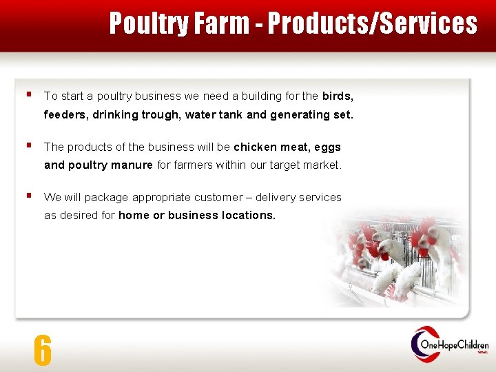Poultry Farm - Products/Services § To start a poultry business we need a building