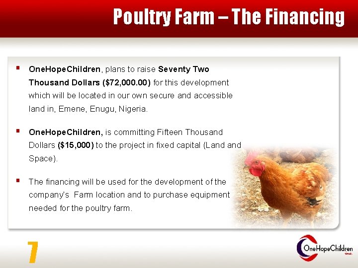 Poultry Farm – The Financing § One. Hope. Children, plans to raise Seventy Two