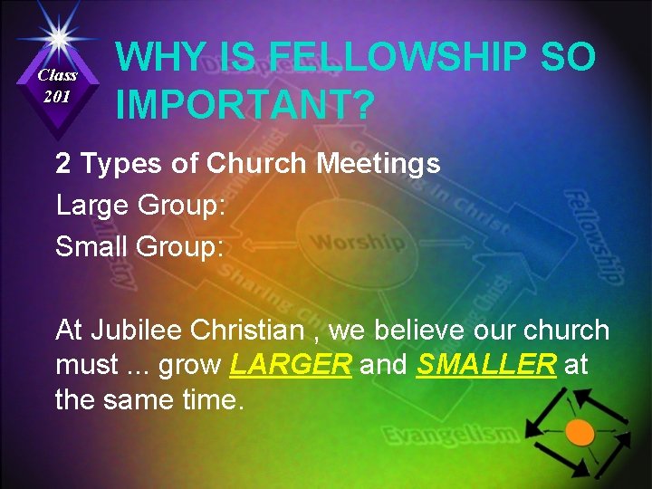 Class 201 WHY IS FELLOWSHIP SO IMPORTANT? 2 Types of Church Meetings Large Group: