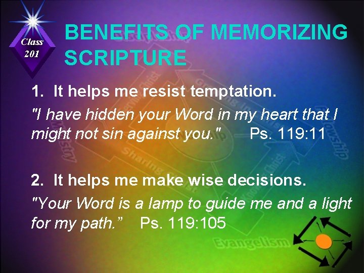 Class 201 BENEFITS OF MEMORIZING SCRIPTURE 1. It helps me resist temptation. "I have