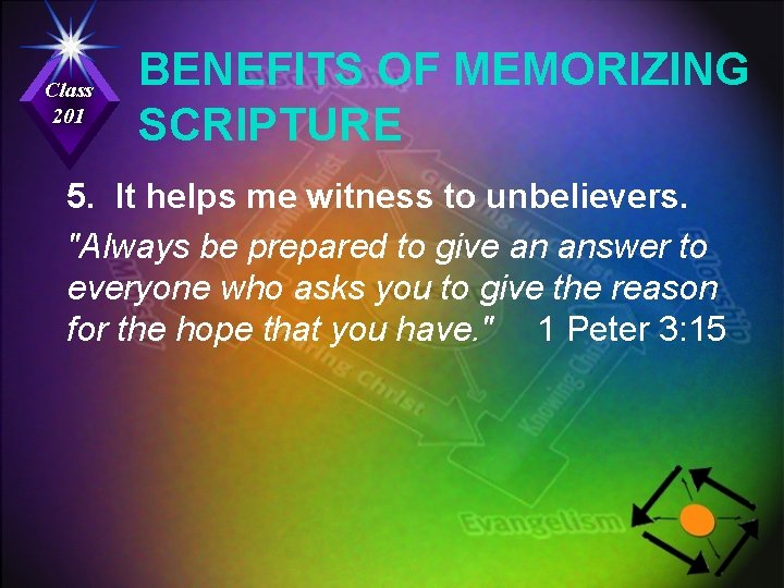 Class 201 BENEFITS OF MEMORIZING SCRIPTURE 5. It helps me witness to unbelievers. "Always