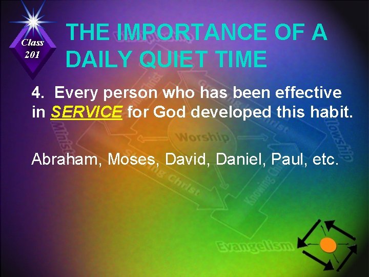 Class 201 THE IMPORTANCE OF A DAILY QUIET TIME 4. Every person who has