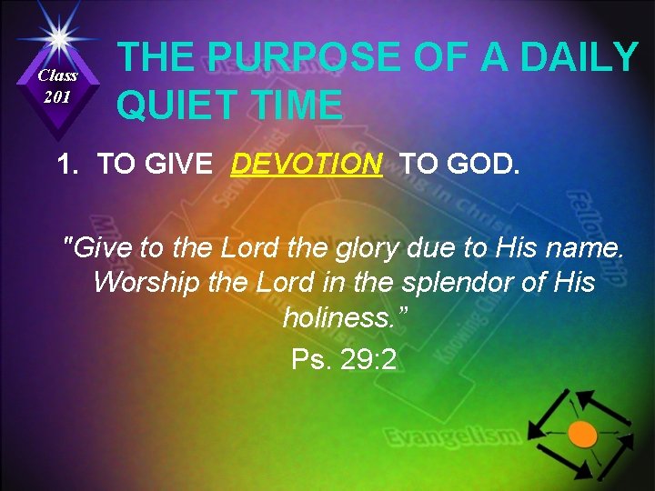 Class 201 THE PURPOSE OF A DAILY QUIET TIME 1. TO GIVE DEVOTION TO