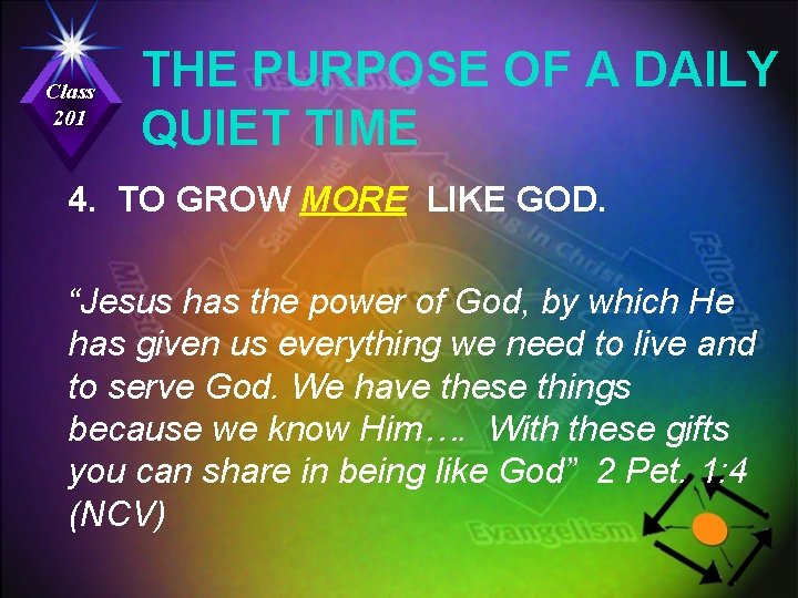 Class 201 THE PURPOSE OF A DAILY QUIET TIME 4. TO GROW MORE LIKE