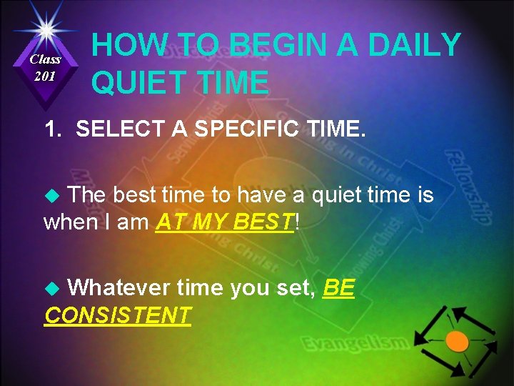 Class 201 HOW TO BEGIN A DAILY QUIET TIME 1. SELECT A SPECIFIC TIME.