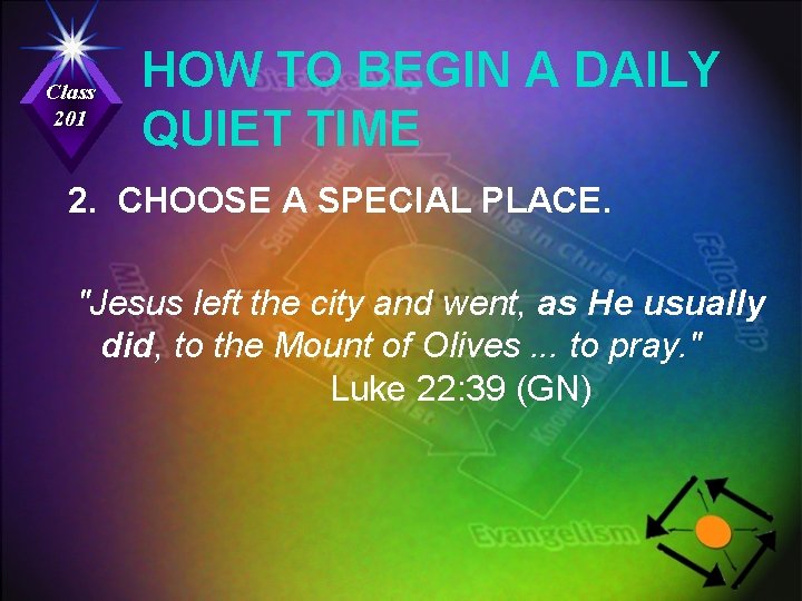 Class 201 HOW TO BEGIN A DAILY QUIET TIME 2. CHOOSE A SPECIAL PLACE.