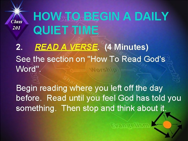 Class 201 HOW TO BEGIN A DAILY QUIET TIME 2. READ A VERSE. (4