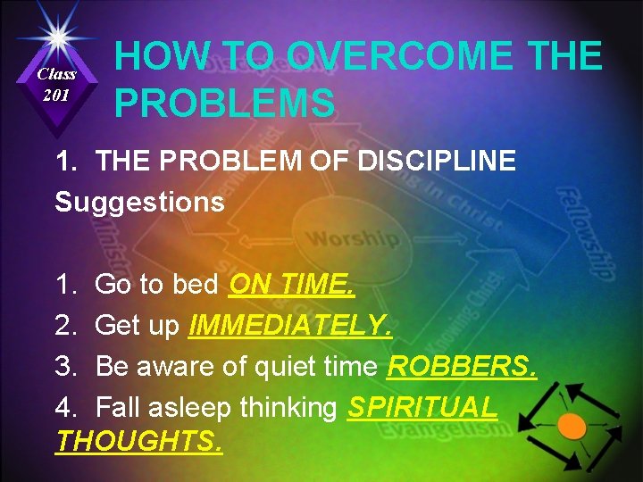 Class 201 HOW TO OVERCOME THE PROBLEMS 1. THE PROBLEM OF DISCIPLINE Suggestions 1.