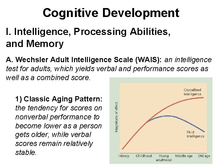 Cognitive Development I. Intelligence, Processing Abilities, and Memory A. Wechsler Adult Intelligence Scale (WAIS):