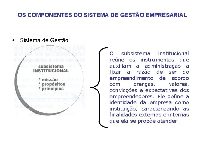 OS COMPONENTES DO SISTEMA DE GESTÃO EMPRESARIAL • Sistema de Gestão O subsistema institucional OS COMPONENTES DO SISTEMA DE GESTÃO EMPRESARIAL • Sistema de Gestão O subsistema institucional