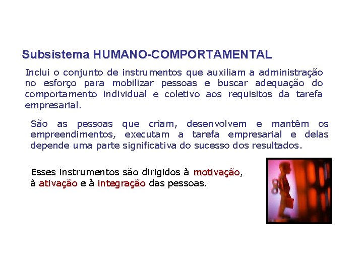 Subsistema HUMANO-COMPORTAMENTAL Inclui o conjunto de instrumentos que auxiliam a administração no esforço para Subsistema HUMANO-COMPORTAMENTAL Inclui o conjunto de instrumentos que auxiliam a administração no esforço para