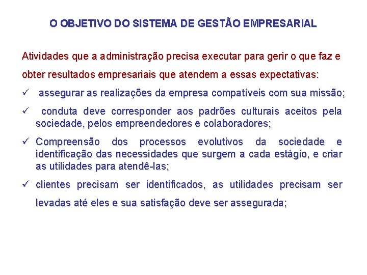 O OBJETIVO DO SISTEMA DE GESTÃO EMPRESARIAL Atividades que a administração precisa executar para O OBJETIVO DO SISTEMA DE GESTÃO EMPRESARIAL Atividades que a administração precisa executar para