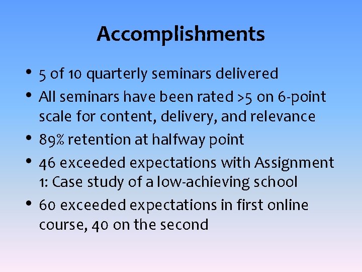 Accomplishments • • • 5 of 10 quarterly seminars delivered All seminars have been