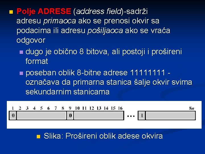 n Polje ADRESE (address field)-sadrži adresu primaoca ako se prenosi okvir sa podacima ili
