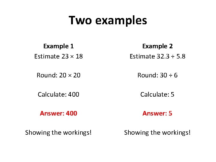 Two examples Example 1 Estimate 23 × 18 Example 2 Estimate 32. 3 ÷
