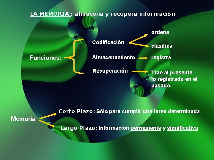 LA MEMORIA : almacena y recupera información ordena Codificación Funciones: clasifica Almacenamiento registra Recuperación