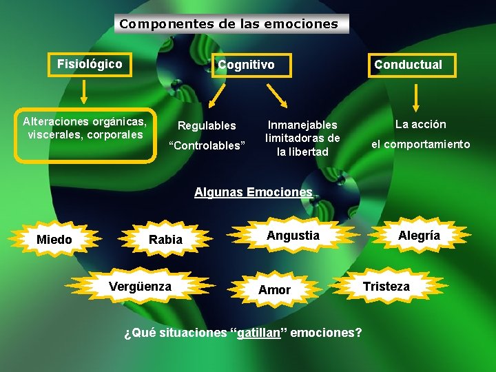 Componentes de las emociones Fisiológico Cognitivo Alteraciones orgánicas, viscerales, corporales Regulables “Controlables” Inmanejables limitadoras