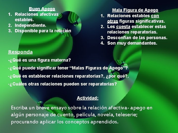 Buen Apego 1. Relaciones afectivas estables. 2. Independiente. 3. Disponible para la relación 1.