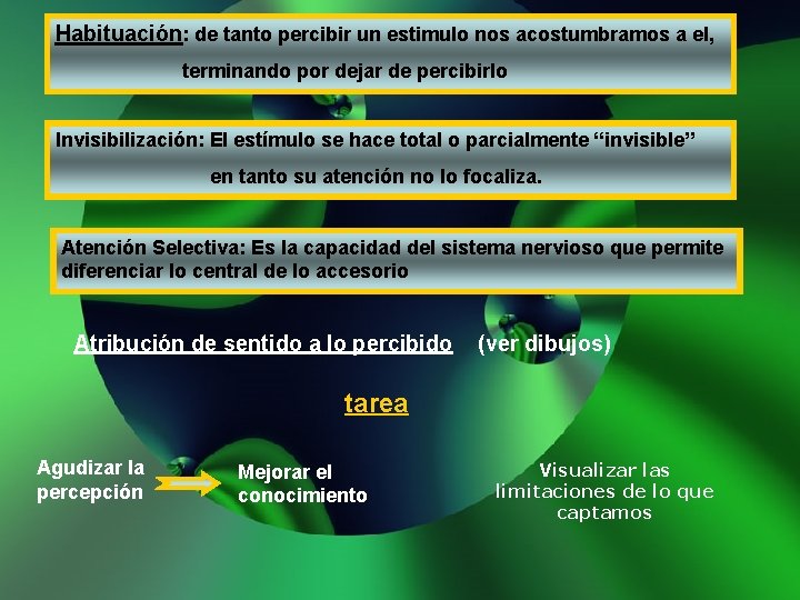 Habituación: de tanto percibir un estimulo nos acostumbramos a el, terminando por dejar de