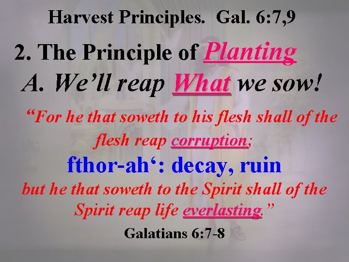 Harvest Principles. Gal. 6: 7, 9 2. The Principle of Planting A. We’ll reap