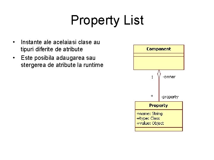 Property List • Instante ale acelaiasi clase au tipuri diferite de atribute • Este