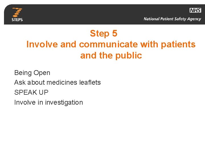 Step 5 Involve and communicate with patients and the public Being Open Ask about