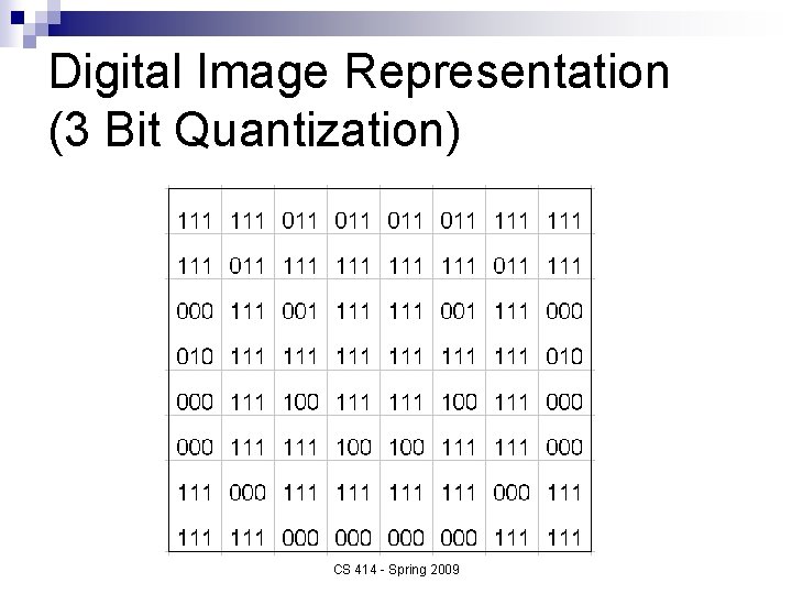 Digital Image Representation (3 Bit Quantization) CS 414 - Spring 2009 