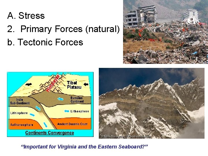 A. Stress 2. Primary Forces (natural) b. Tectonic Forces “Important for Virginia and the